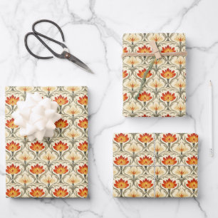 Feuille De Papier Cadeau Fleurs Art Nouveau rouges / jaunes / ivoire