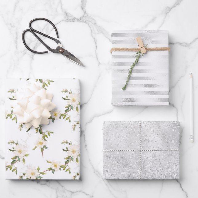 Feuille De Papier Cadeau Fleurs blanches Glam argenté (Recto)