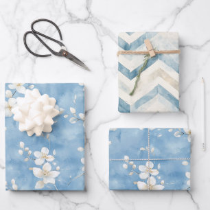 Feuille De Papier Cadeau Fleurs blanches jolies bleu ciel Anniversaire