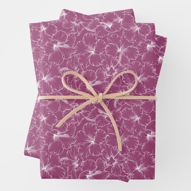 Feuille De Papier Cadeau Fleurs blanches sur framboise (En situation)