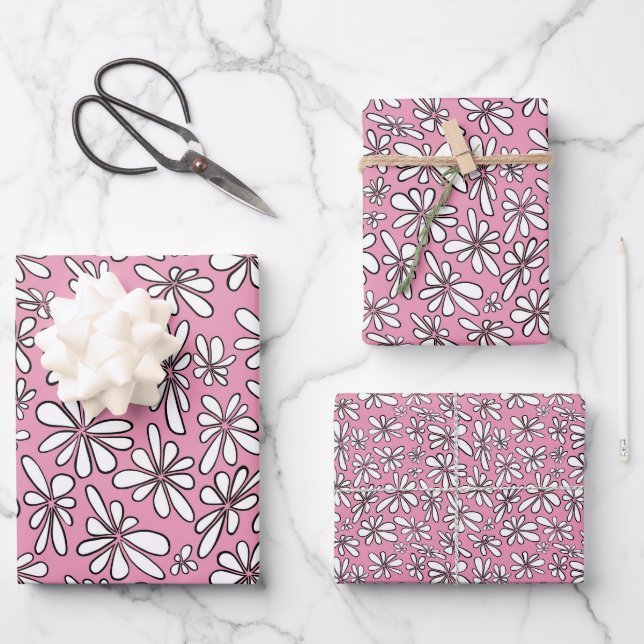 Feuille De Papier Cadeau Fleurs blanches sur un arrière - plan rose (Recto)