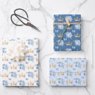 Feuille De Papier Cadeau Fleurs Bleu Lilas et Couronnes Dorées
