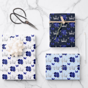 Feuille De Papier Cadeau Fleurs Bleu Marine et Couronnes Argentées
