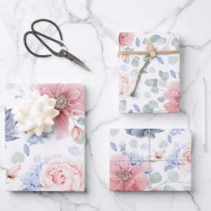 Feuille De Papier Cadeau Fleurs Bleu Poussiéreux et Rose Doux Motif Botaniq
