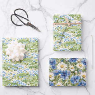 Feuille De Papier Cadeau Fleurs Bleues Vertes Anniversaire