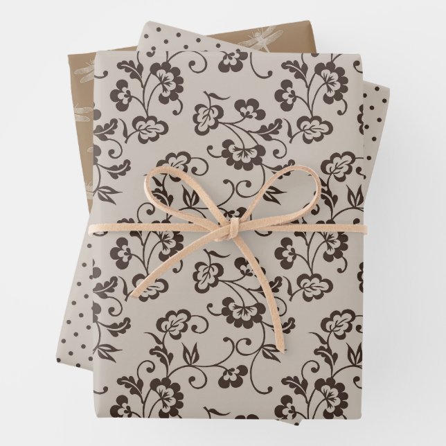 Feuille De Papier Cadeau Fleurs Brown de crème Points libellules (En situation)
