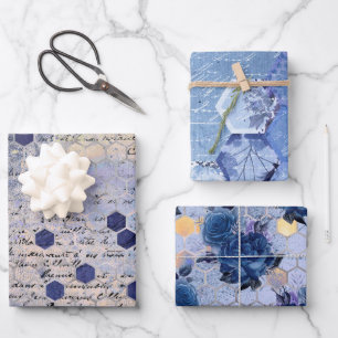 Feuille De Papier Cadeau Fleurs d'abeilles bleues vintages Mélange et conco