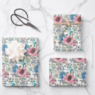 Feuille De Papier Cadeau Fleurs d'aquarelle rose et bleu