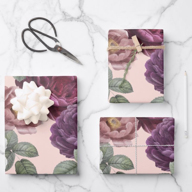 Feuille De Papier Cadeau Fleurs d'automne Enveloppement végétal pourpre (Recto)