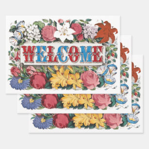 Feuille De Papier Cadeau Fleurs de BIENVENUE Vintage Fête de pendaison de c