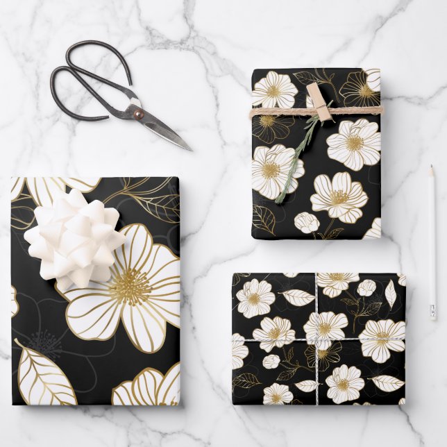 Feuille De Papier Cadeau Fleurs de Blanc Or sur Noir (Recto)