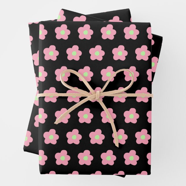 Feuille De Papier Cadeau Fleurs de cerisiers en noir (En situation)