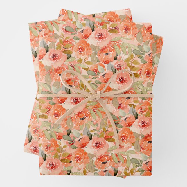 Feuille De Papier Cadeau Fleurs de gouache orange élégantes  (En situation)