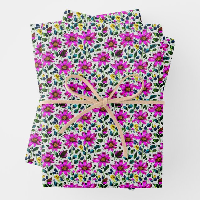 Feuille De Papier Cadeau Fleurs de gribouillis magenta (En situation)