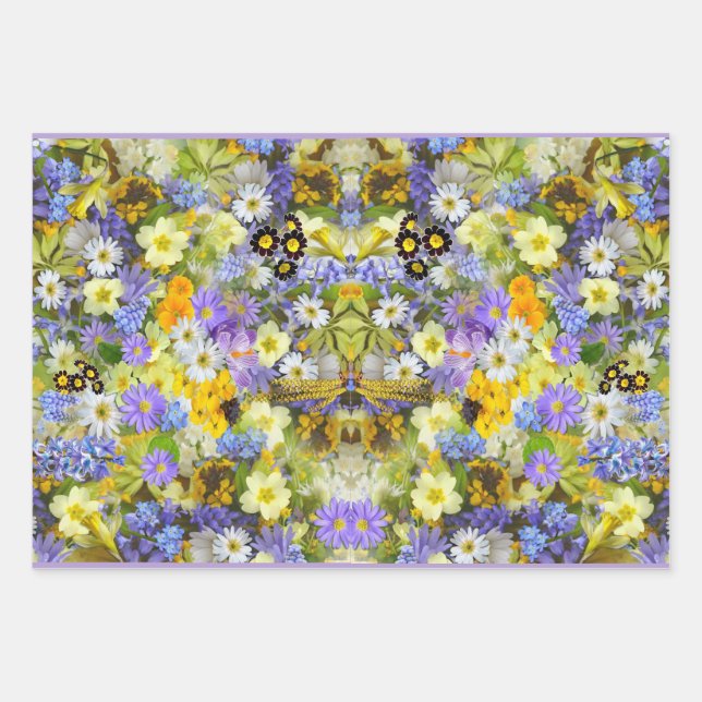 Feuille De Papier Cadeau Fleurs de Jardin de Campagne Jaune Violet (Devant)