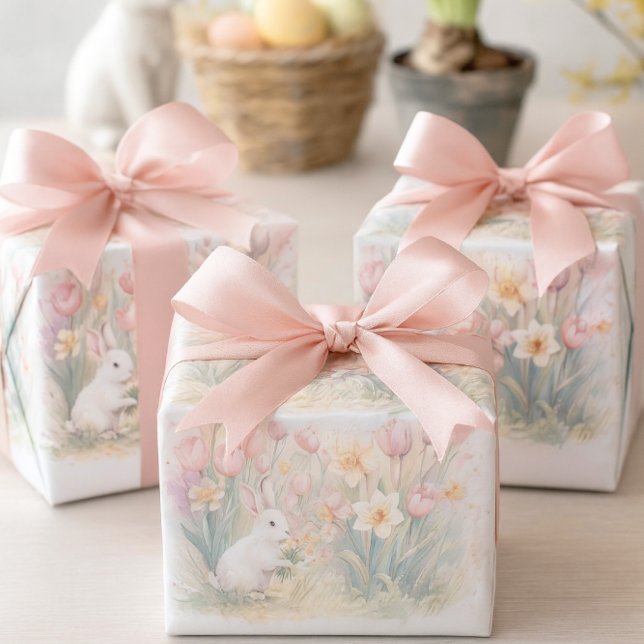 Feuille De Papier Cadeau Fleurs de lapin pour Pâques-printemps  (Wrapped in bunny florals with blush bows, these spring gifts charm any Easter table setting.)