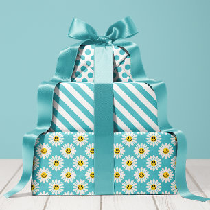 Feuille De Papier Cadeau Fleurs de marguerite bleue rayures pois