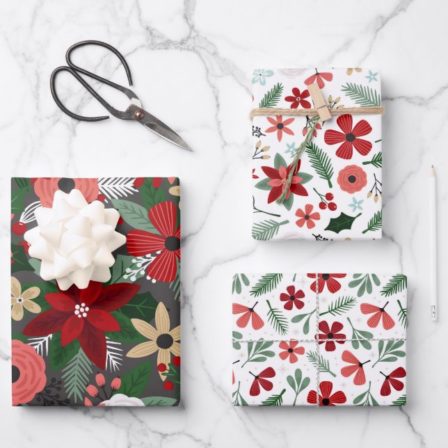 Feuille De Papier Cadeau Fleurs de Noël Berries rouges vertes (Recto)
