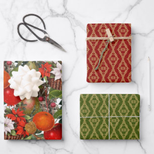 Feuille De Papier Cadeau Fleurs de Noël et fruits