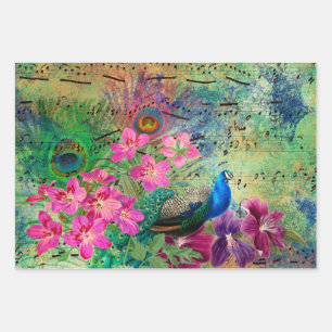 Feuille De Papier Cadeau Fleurs de paon et musique