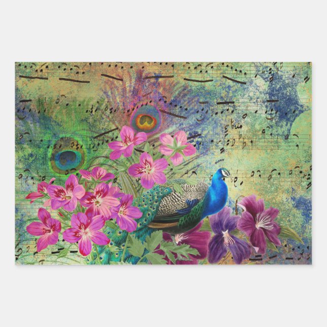 Feuille De Papier Cadeau Fleurs de paon et musique (Devant)