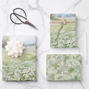 Feuille De Papier Cadeau Fleurs De Prairie Verte Magnifiques Ciel Bleu Anni
