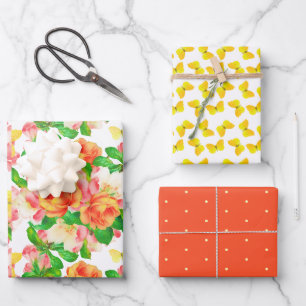 Feuille De Papier Cadeau Fleurs de printemps colorées et papillons Assortis
