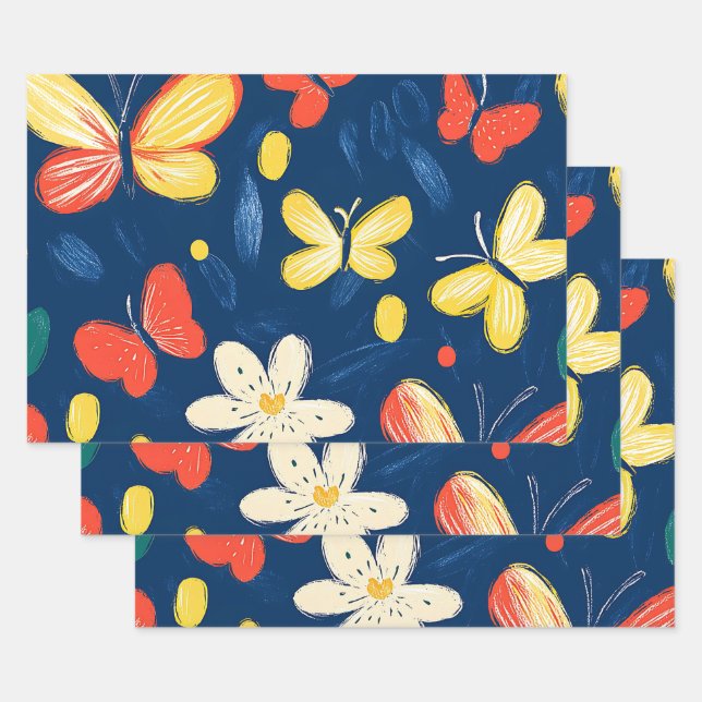 Feuille De Papier Cadeau Fleurs de rayonne et papillon (Lot)