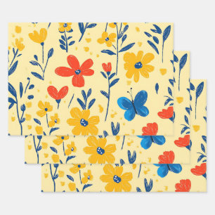 Feuille De Papier Cadeau Fleurs de rayonne et papillon