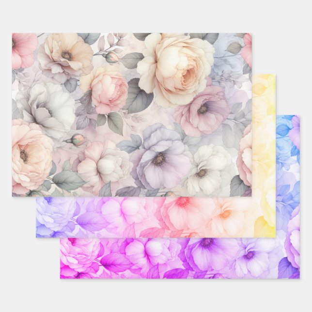 Feuille De Papier Cadeau Fleurs de rose élégantes (Lot)