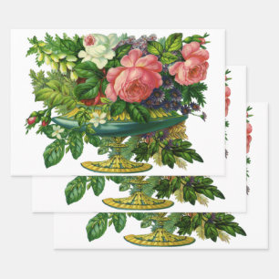 Feuille De Papier Cadeau Fleurs de roses roses vintage, vase de fleurs