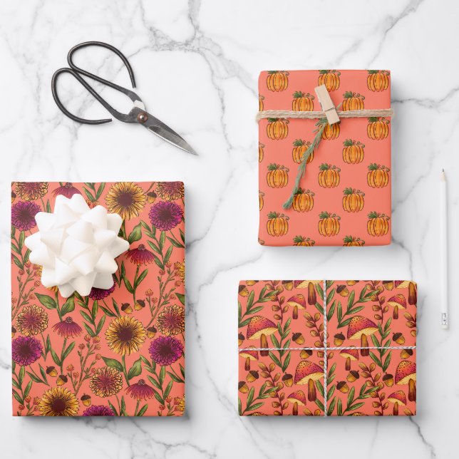 Feuille De Papier Cadeau Fleurs de soleil, Citrouilles et champignons sur C (Recto)