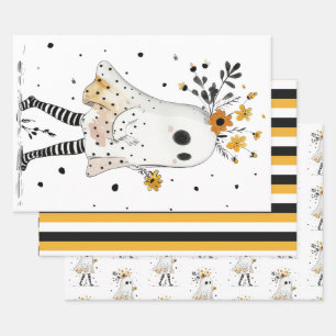 Feuille De Papier Cadeau Fleurs de soleil et fantômes avec Halloween Motif 