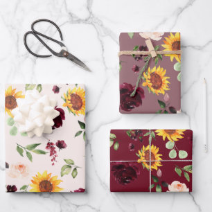 Feuille De Papier Cadeau Fleurs de Tournesol d'Automne et Roses Bourguignon