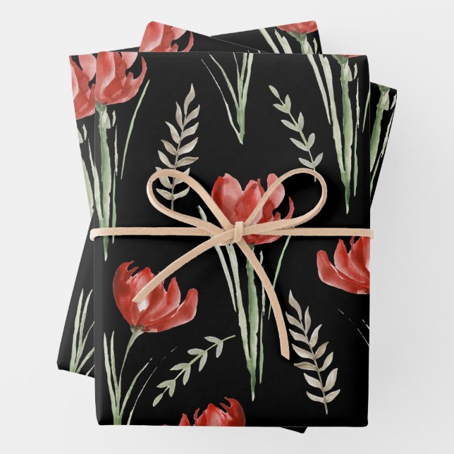 Feuille De Papier Cadeau Fleurs de tulipe Aquarelle botanique Noir (En situation)