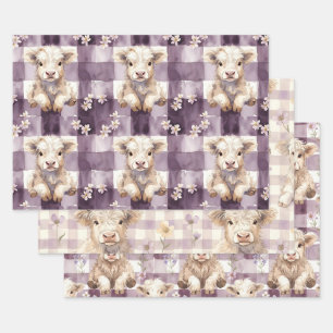 Feuille De Papier Cadeau Fleurs de vache des Highlands violettes à carreaux