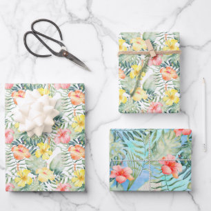 Feuille De Papier Cadeau Fleurs d'Hibiscus jaune rose tropical