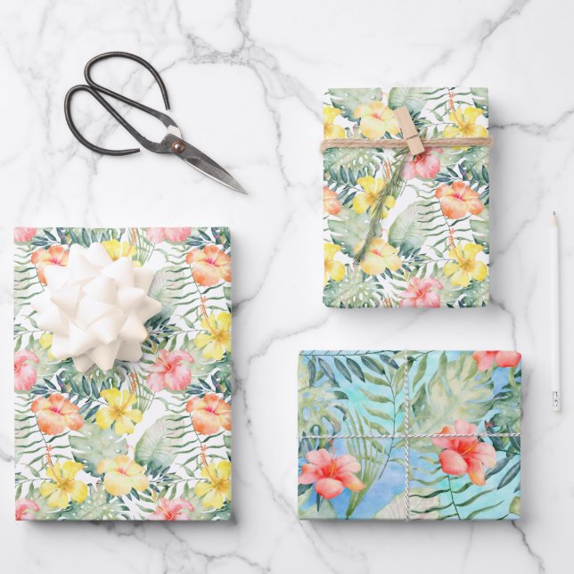 Feuille De Papier Cadeau Fleurs d'Hibiscus jaune rose tropical (Recto)