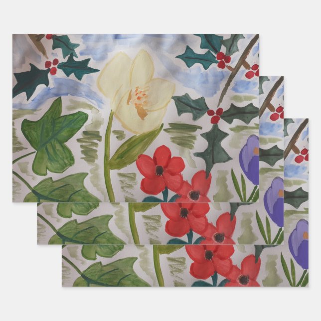 Feuille De Papier Cadeau Fleurs d'hiver & Holly (Lot)