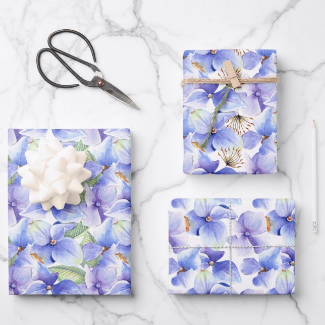 Feuille De Papier Cadeau Fleurs d'hydrangea bleu violet Mariage printanier (Recto)