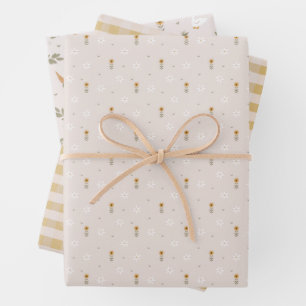 Feuille De Papier Cadeau Fleurs d'oie de ferme En vichy jaune rustique