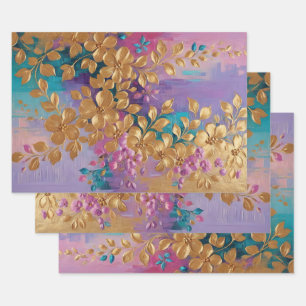 Feuille De Papier Cadeau Fleurs D'Or Peintes Sur Lilac Rose Turquoise