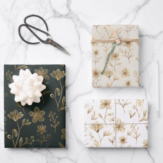 Feuille De Papier Cadeau Fleurs d'or vintages et élégantes