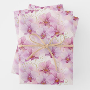 Feuille De Papier Cadeau Fleurs d'orchidées roses à l'aquarelle Floral 