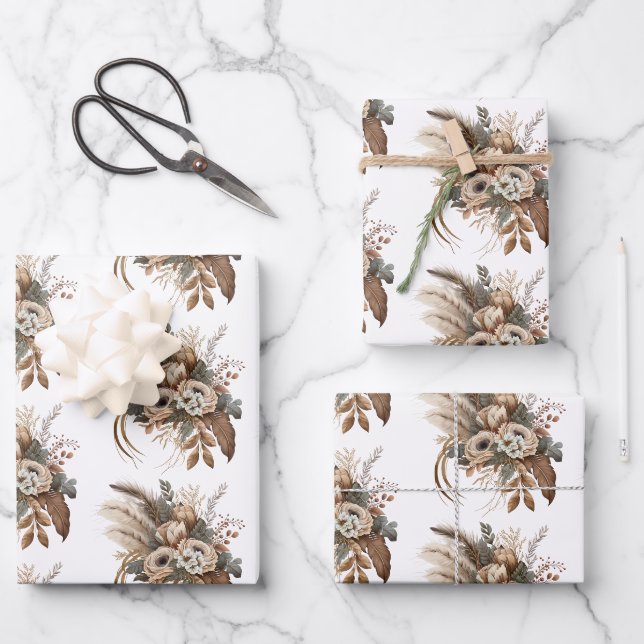 Feuille De Papier Cadeau Fleurs Élégantes Feuillage et plumes (Recto)