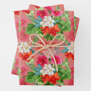 Feuille De Papier Cadeau Fleurs élégantes sur rose