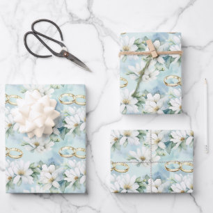 Feuille De Papier Cadeau Fleurs et anneaux de mariage romantiques