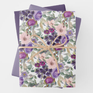 Feuille De Papier Cadeau Fleurs et feuillage rose blush violet