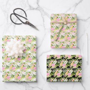 Feuille De Papier Cadeau Fleurs et feuillage roses et jaunes d'été