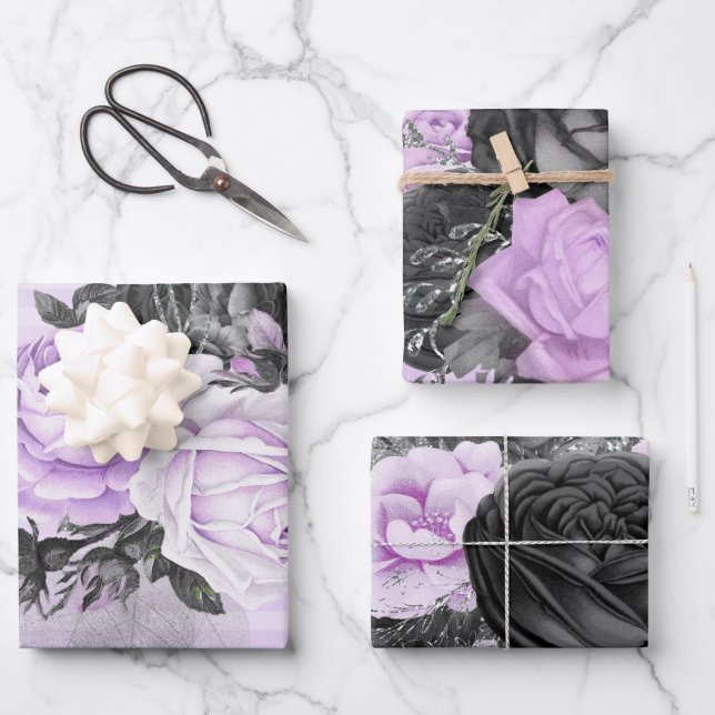 FEUILLE DE PAPIER CADEAU FLEURS ET MOTIFS D'ARGENT NOIR PURPLE (Recto)